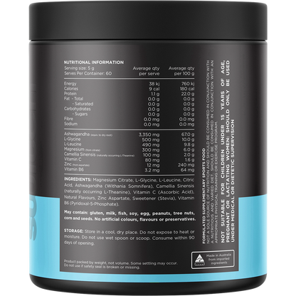 Back of a 300g tub of Switch Nutrition Adrenal Magnesium Support Powder in Lemonade flavor with nutrition information.