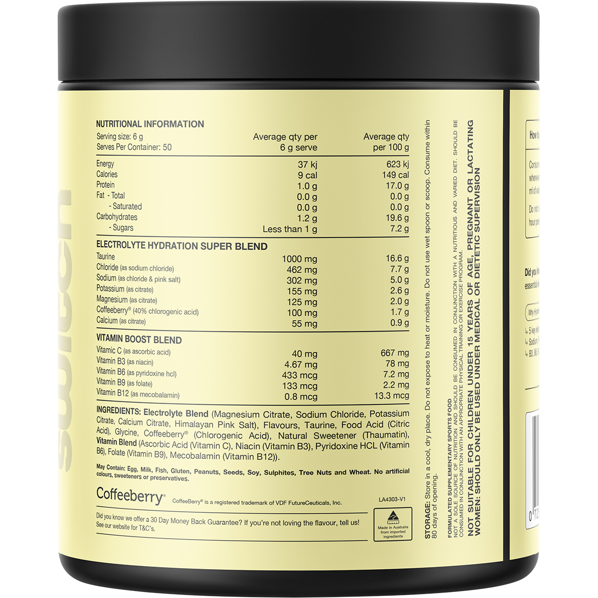 Back of Switch Nutrition Kiwi Watermelon Hydrate tub showing nutritional information and ingredients on a white background.