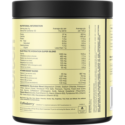 Back of Switch Nutrition Kiwi Watermelon Hydrate tub showing nutritional information and ingredients on a white background.