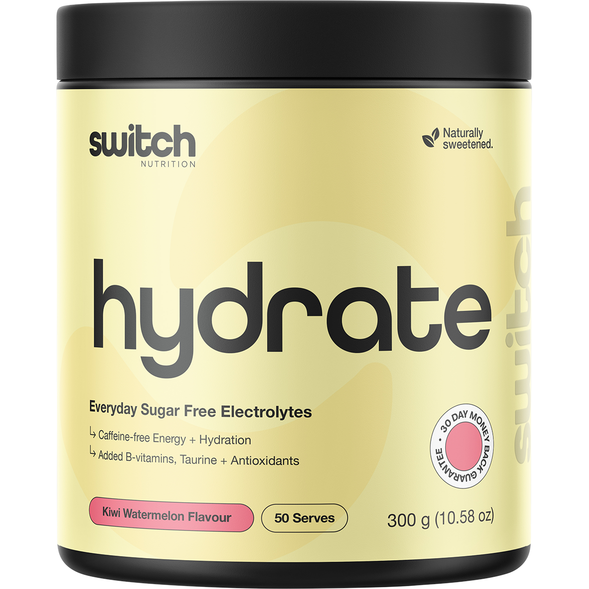 300g tub of Switch Nutrition Hydrate Everyday Kiwi Watermelon sugar-free electrolytes with 5 essential minerals.