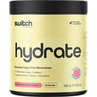 300g tub of Switch Nutrition Hydrate Everyday Kiwi Watermelon sugar-free electrolytes with 5 essential minerals.