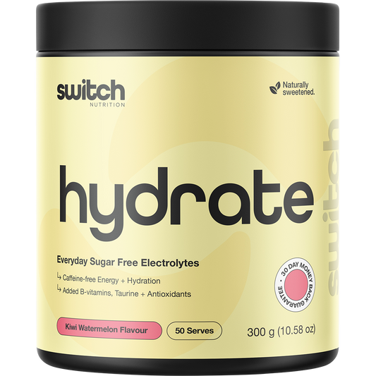 300g tub of Switch Nutrition Hydrate Everyday Kiwi Watermelon sugar-free electrolytes with 5 essential minerals.