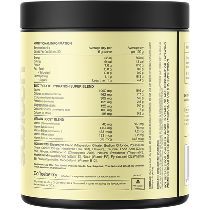 Back of a 300g tub of Switch Nutrition Hydrate Lemon Lime showing nutritional information and ingredients.