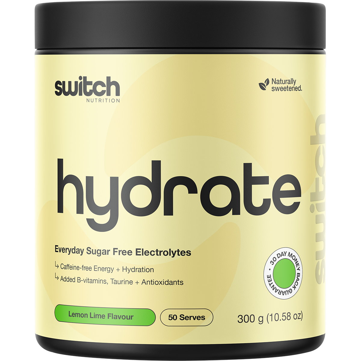300g tub of Switch Nutrition Hydrate Everyday sugar-free electrolytes in Lemon Lime flavor on a white background.