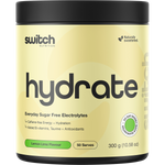 300g tub of Switch Nutrition Hydrate Everyday sugar-free electrolytes in Lemon Lime flavor on a white background.