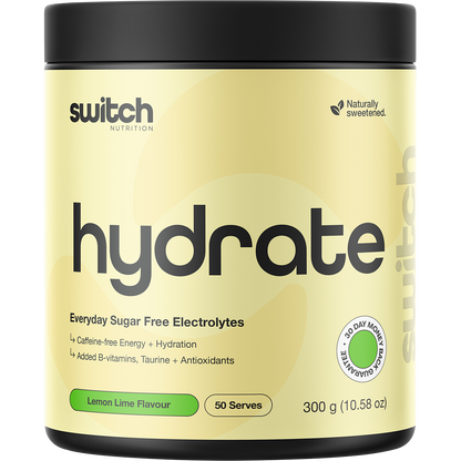 300g tub of Switch Nutrition Hydrate Everyday sugar-free electrolytes in Lemon Lime flavor on a white background.