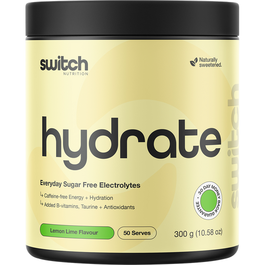 300g tub of Switch Nutrition Hydrate Everyday sugar-free electrolytes in Lemon Lime flavor on a white background.