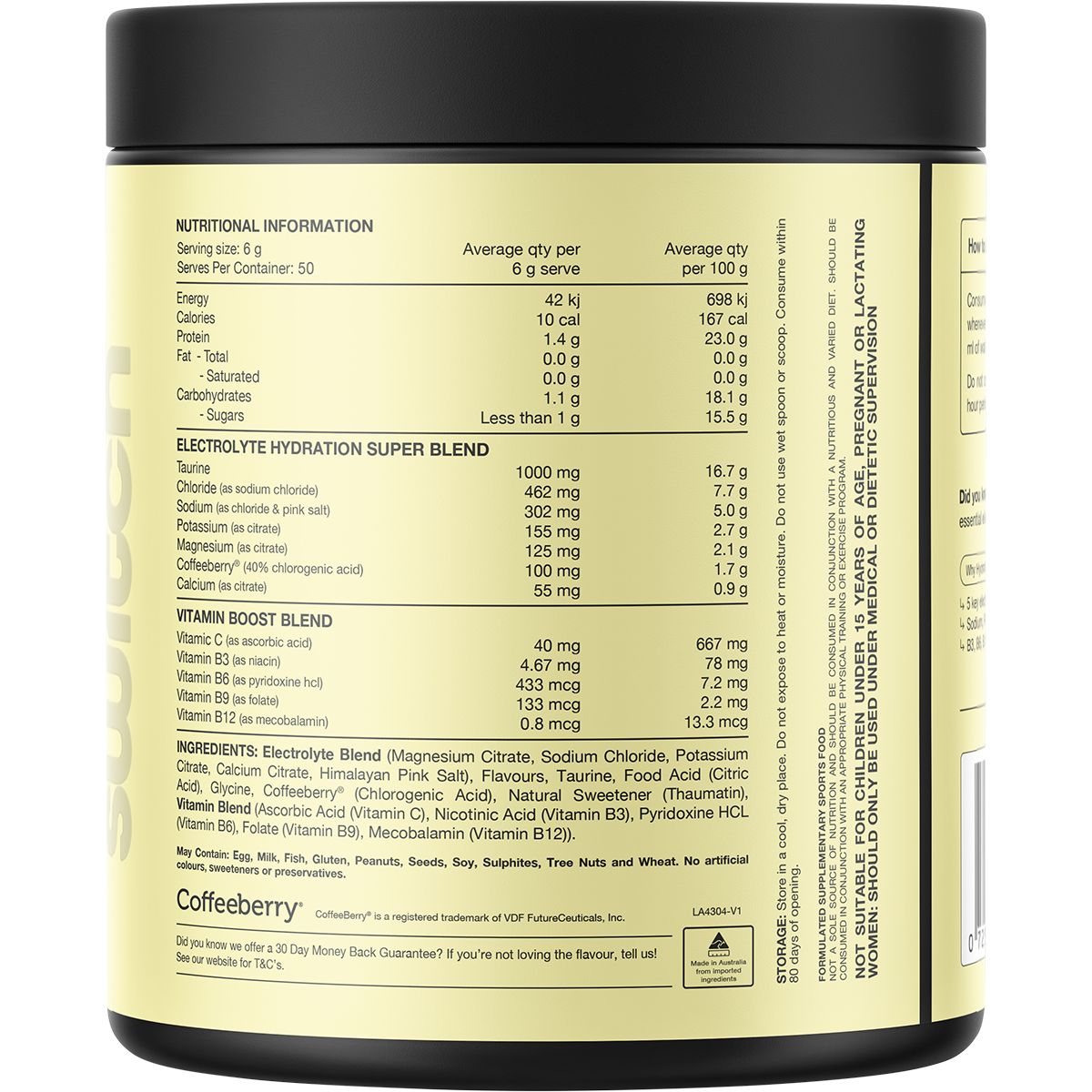 Back of Switch Nutrition Hydrate Mango Passionfruit 300g tub showing nutritional information and directions.