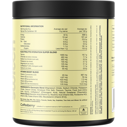 Back of Switch Nutrition Hydrate Mango Passionfruit 300g tub showing nutritional information and directions.