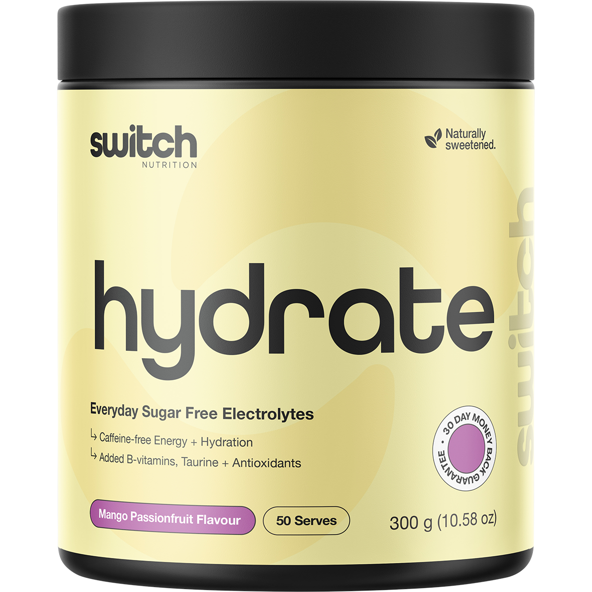 300g tub of Switch Nutrition Hydrate Everyday sugar-free Mango Passionfruit electrolytes with a tropical orange label.