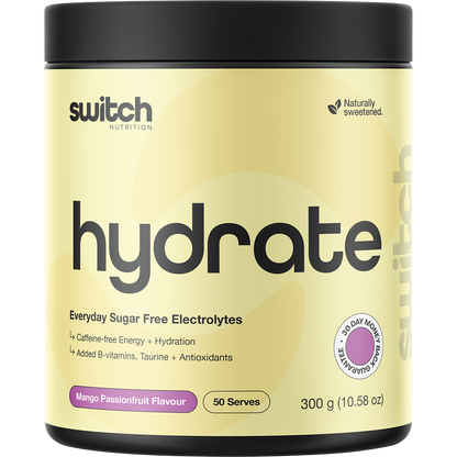 300g tub of Switch Nutrition Hydrate Everyday sugar-free Mango Passionfruit electrolytes with a tropical orange label.