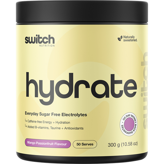 300g tub of Switch Nutrition Hydrate Everyday sugar-free Mango Passionfruit electrolytes with a tropical orange label.