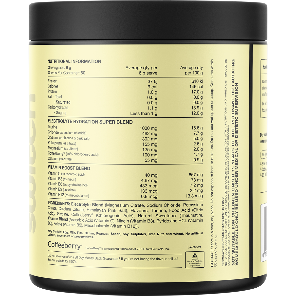Back of a 300g tub of Switch Nutrition Hydrate Orange Crush showing nutritional info and ingredients.