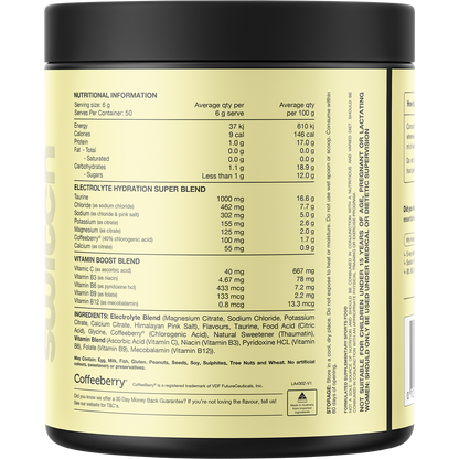 Back of a 300g tub of Switch Nutrition Hydrate Orange Crush showing nutritional info and ingredients.
