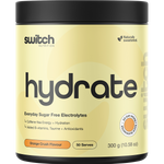 Orange Crush flavored 300g tub of Switch Nutrition Hydrate Everyday sugar-free electrolytes on a white background.