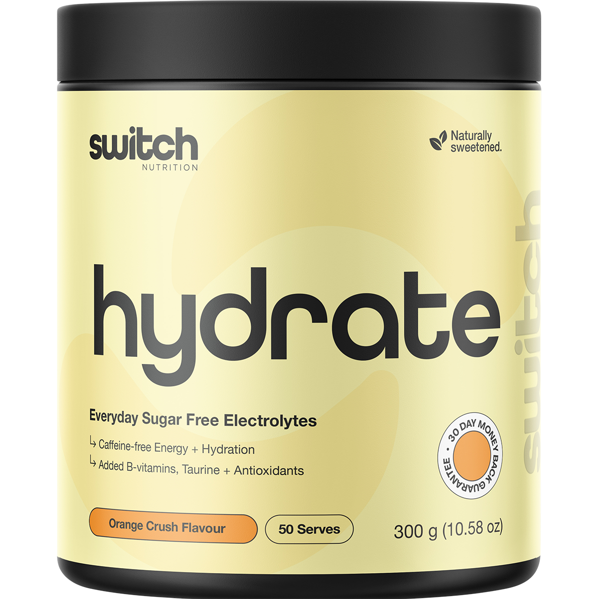 Orange Crush flavored 300g tub of Switch Nutrition Hydrate Everyday sugar-free electrolytes on a white background.