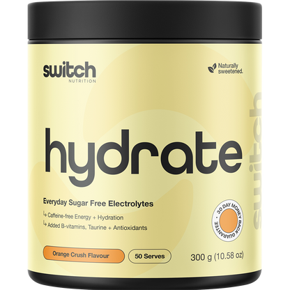 Orange Crush flavored 300g tub of Switch Nutrition Hydrate Everyday sugar-free electrolytes on a white background.