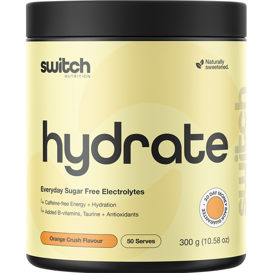 Orange Crush flavored 300g tub of Switch Nutrition Hydrate Everyday sugar-free electrolytes on a white background.