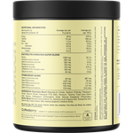 Back of a 300g Peach Iced Tea Switch Nutrition Hydrate tub showing nutritional information and ingredients.