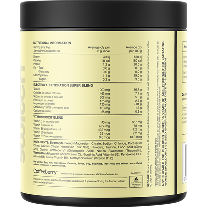 Back of a 300g Peach Iced Tea Switch Nutrition Hydrate tub showing nutritional information and ingredients.