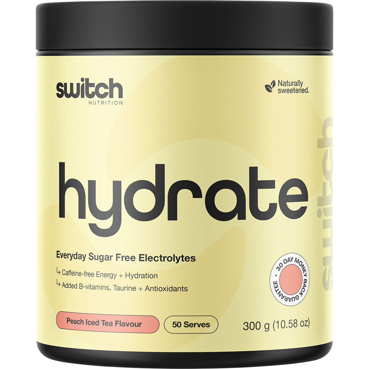 300g tub of Switch Nutrition Hydrate Everyday Peach Iced Tea sugar-free electrolytes on a white background.