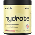 300g tub of Switch Nutrition Hydrate Everyday Peach Iced Tea sugar-free electrolytes on a white background.