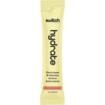 Single 6g sachet of Switch Nutrition Peach Iced Tea sugar-free electrolyte powder on a white background.