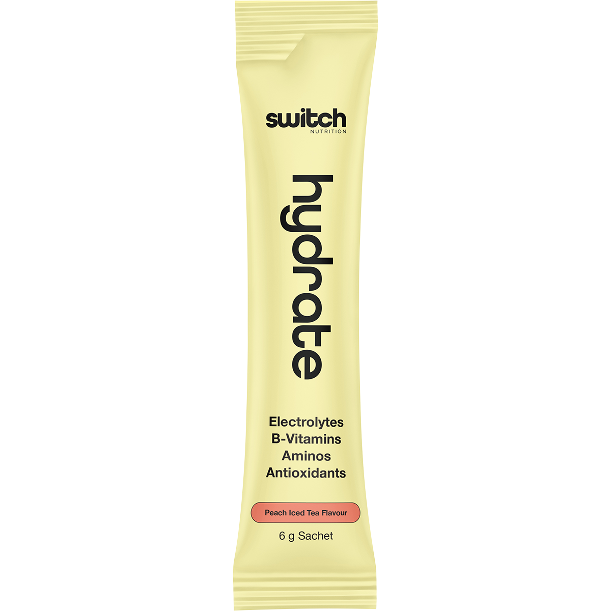 Single 6g sachet of Switch Nutrition Peach Iced Tea sugar-free electrolyte powder on a white background.