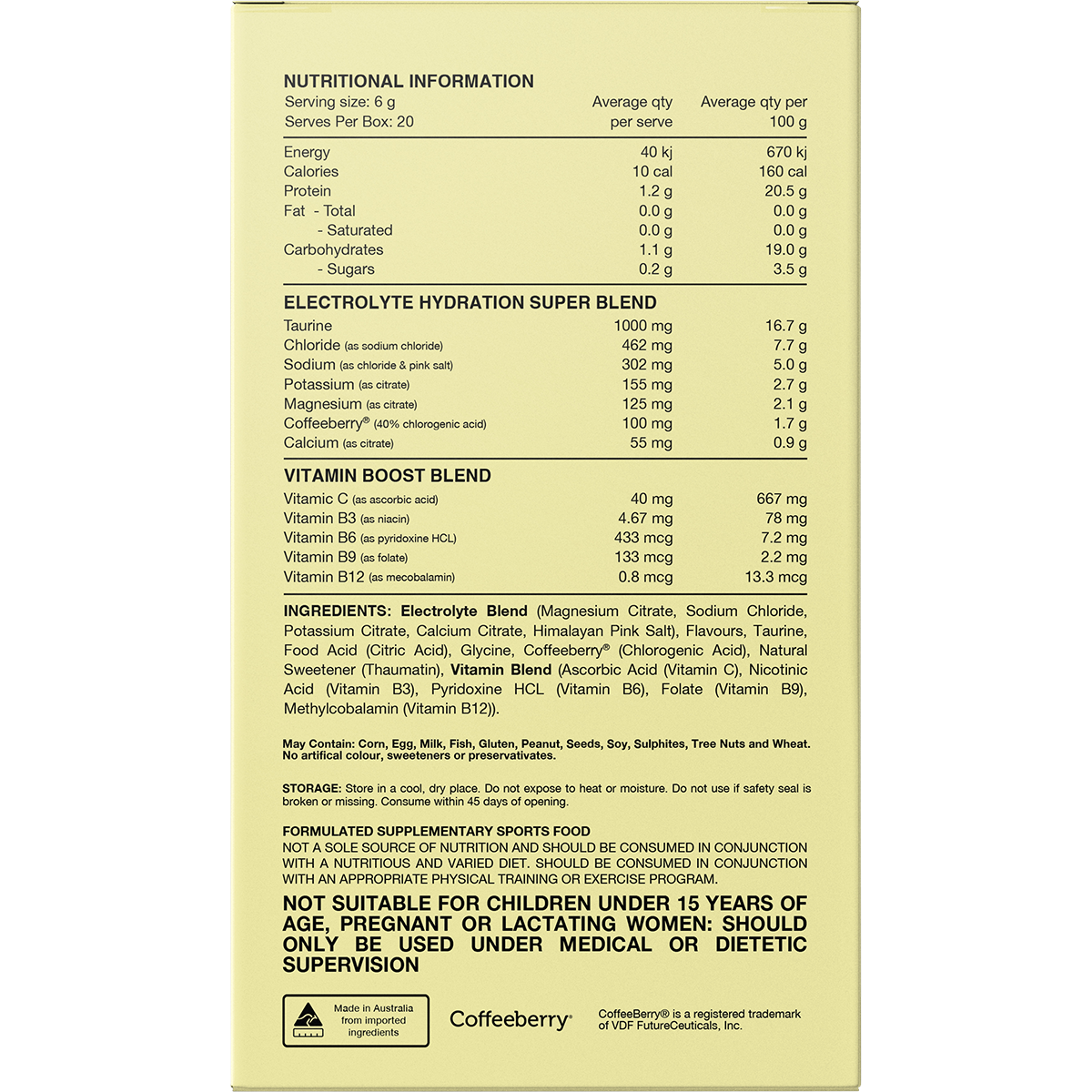 Back of Switch Nutrition Peach Iced Tea box showing ingredients, nutrition facts, and 20 individual 6g sachets.