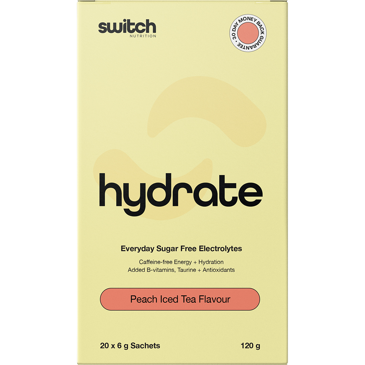 Box of 20 Switch Nutrition Peach Iced Tea sugar-free electrolyte sachets with a glass of tea and peach slices.