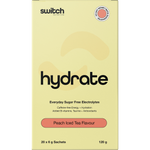 Box of 20 Switch Nutrition Peach Iced Tea sugar-free electrolyte sachets with a glass of tea and peach slices.