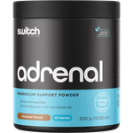 300g tub of Switch Nutrition Adrenal Magnesium Support Powder in chocolate flavor on a white background.