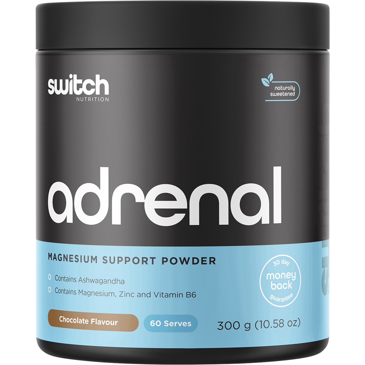 300g tub of Switch Nutrition Adrenal Magnesium Support Powder in chocolate flavor on a white background.