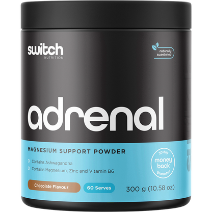 300g tub of Switch Nutrition Adrenal Magnesium Support Powder in chocolate flavor on a white background.