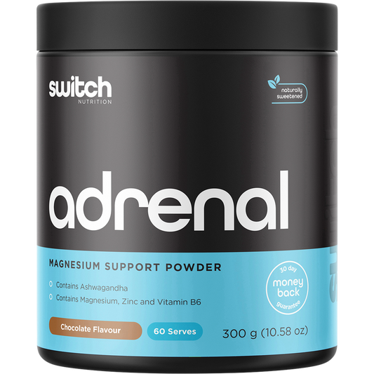 300g tub of Switch Nutrition Adrenal Magnesium Support Powder in chocolate flavor on a white background.