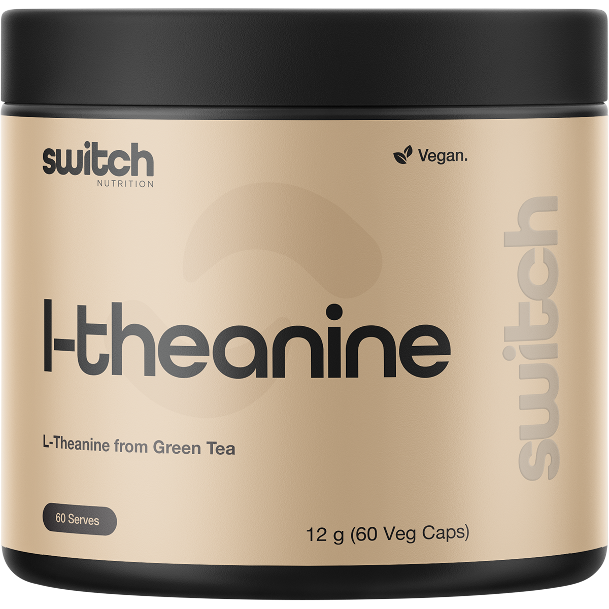 Bottle of Switch Nutrition L-Theanine from Green Tea, 60 vegan capsules, for relaxation and mental clarity.