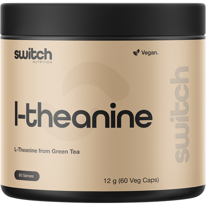 Bottle of Switch Nutrition L-Theanine from Green Tea, 60 vegan capsules, for relaxation and mental clarity.