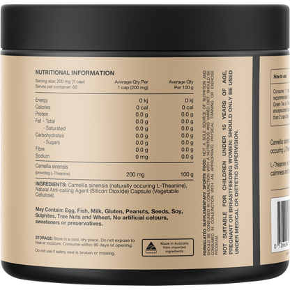 Back of Switch Nutrition L-Theanine 60 capsules bottle showing ingredients, directions, and nutritional information.