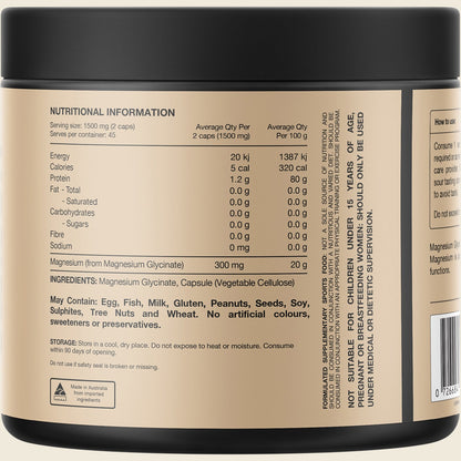 Rear of Switch Nutrition Mag Gly 90 Caps bottle showing nutritional information and directions for use.