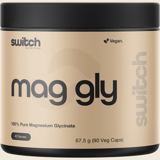 Switch Nutrition Mag Gly 90 Caps bottle containing 100% pure magnesium glycinate for muscle recovery.
