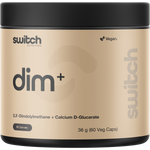 60 capsules of Switch Nutrition DIM+ featuring Diindolylmethane and Calcium D-Glucarate in a white and green bottle.