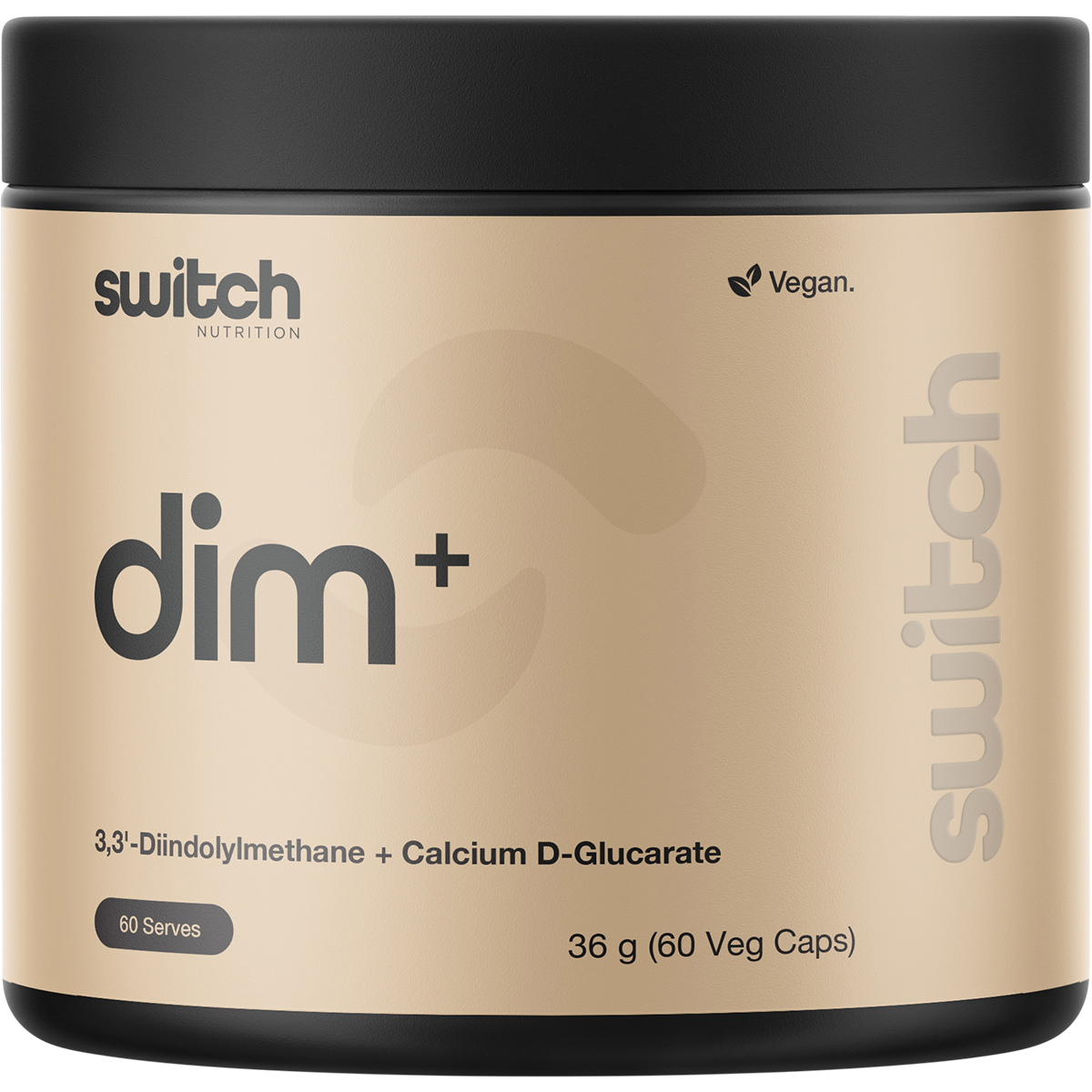60 capsules of Switch Nutrition DIM+ featuring Diindolylmethane and Calcium D-Glucarate in a white and green bottle.