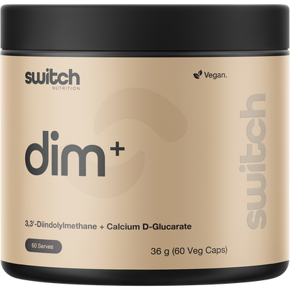 60 capsules of Switch Nutrition DIM+ featuring Diindolylmethane and Calcium D-Glucarate in a white and green bottle.