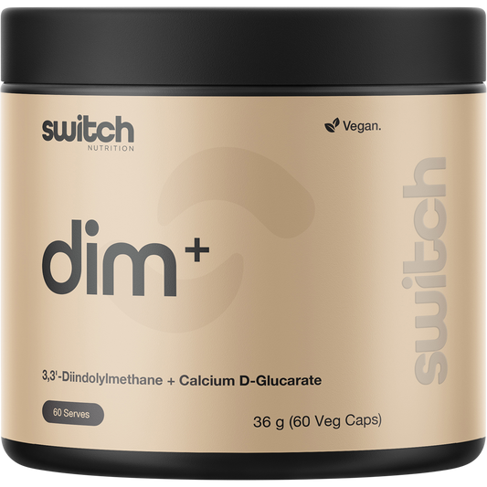 60 capsules of Switch Nutrition DIM+ featuring Diindolylmethane and Calcium D-Glucarate in a white and green bottle.
