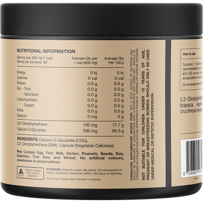 Back view of Switch Nutrition DIM+ 60 capsules bottle showing nutritional information and directions for use.