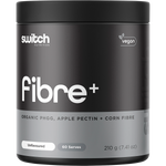 210g tub of Switch Nutrition Fibre+ Unflavoured prebiotic supplement with a white and blue label.