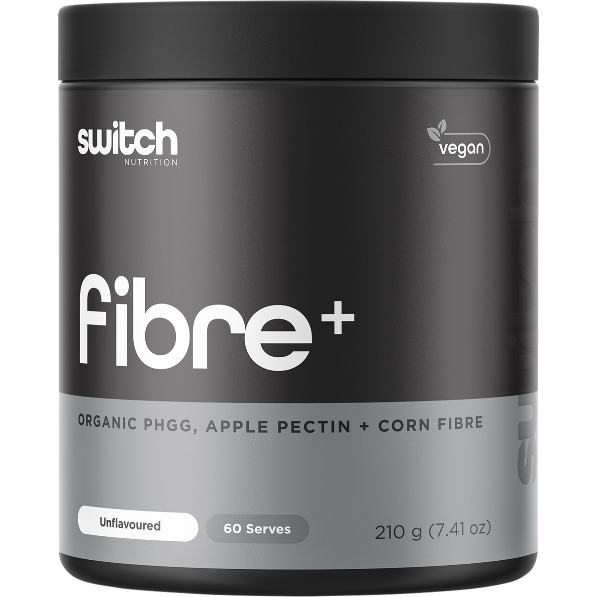210g tub of Switch Nutrition Fibre+ Unflavoured prebiotic supplement with a white and blue label.