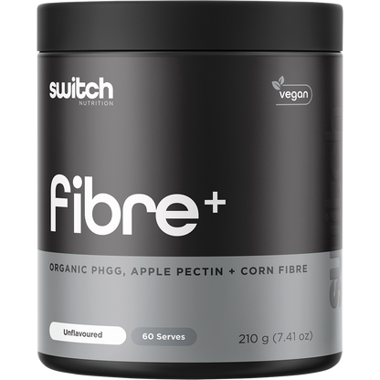 210g tub of Switch Nutrition Fibre+ Unflavoured prebiotic supplement with a white and blue label.