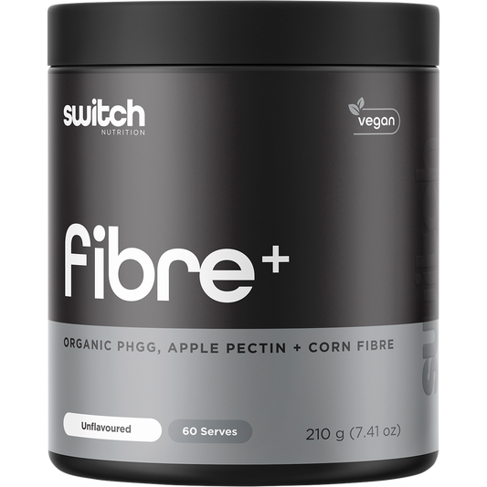 210g tub of Switch Nutrition Fibre+ Unflavoured prebiotic supplement with a white and blue label.