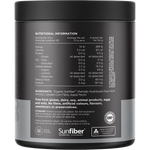 Back label of Switch Nutrition Fibre+ Unflavoured 210g tub showing ingredients, nutrition facts, and usage instructions.